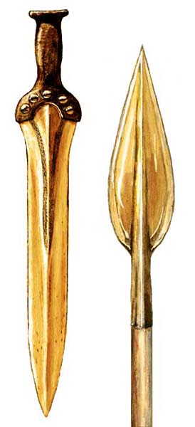 Een bronzen zwaard waarvan de greep met klinknagels is vastgezet. Rechts daarvan een bronzen lanspunt. (Tekening: Kelvin Wilson)